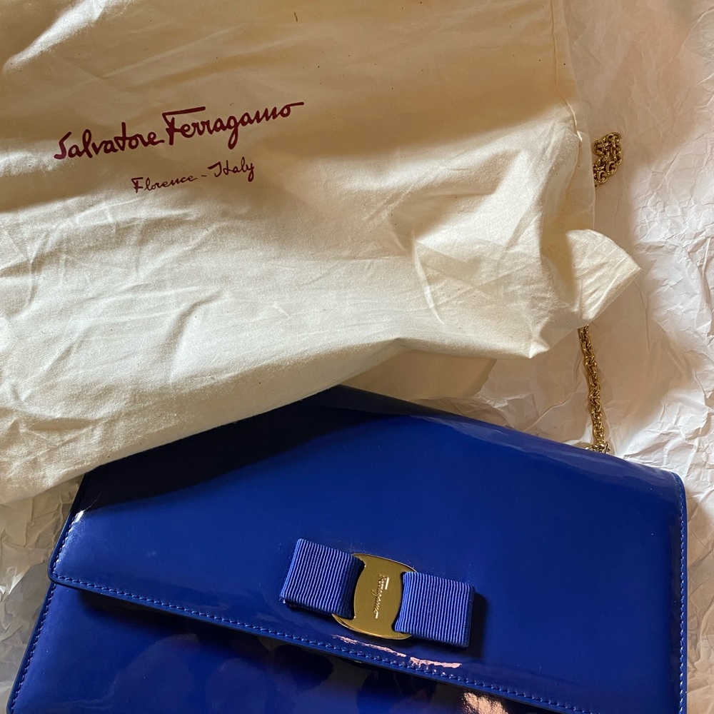 Ferragamo blue patent Ginny bag